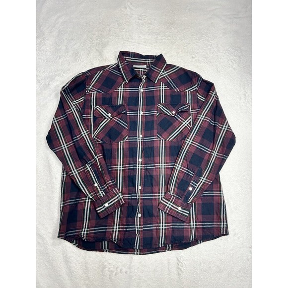 Vintage Maroon & Black Plaid Pearl Snap Western Flannel Shirt Men's Size Large - Picture 1 of 8